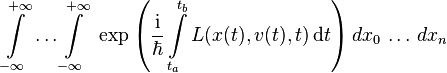 \int\limits_{-\infty}^{+\infty}\,\ldots \int\limits_{-\infty}^{+\infty}\,
\ \exp \left(\frac{{\rm i}}{\hbar}\int\limits_{t_a}^{t_b} L(x(t),v(t), t)\,\mathrm{d}t\right)dx_0 \, \ldots \, dx_n 