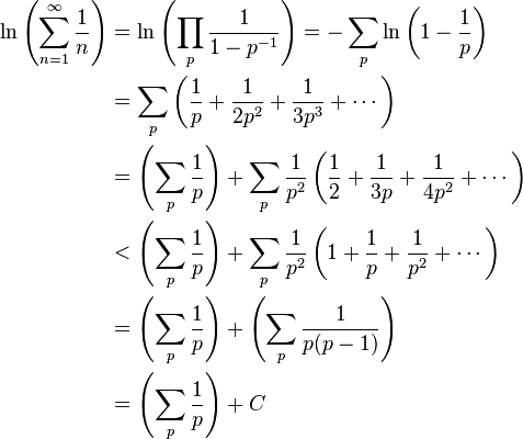 
\begin{align}
 \ln \left( \sum_{n=1}^\infty \frac{1}{n}\right) & {} = \ln\left( \prod_p \frac{1}{1-p^{-1}}\right)
  = -\sum_p \ln \left( 1-\frac{1}{p}\right) \\
 & {} = \sum_p \left( \frac{1}{p} + \frac{1}{2p^2} + \frac{1}{3p^3} + \cdots \right) \\
 & {} = \left( \sum_{p}\frac{1}{p} \right) + \sum_p \frac{1}{p^2} \left( \frac{1}{2} + \frac{1}{3p} + \frac{1}{4p^2} + \cdots \right) \\
 & {} < \left( \sum_p \frac{1}{p} \right) + \sum_p \frac{1}{p^2} \left( 1 + \frac{1}{p} + \frac{1}{p^2} + \cdots \right) \\
 & {} = \left( \sum_p \frac{1}{p} \right) + \left( \sum_p \frac{1}{p(p-1)} \right) \\
 & {} = \left( \sum_p \frac{1}{p} \right) + C
\end{align}
