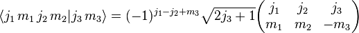 
\langle j_1 \, m_1 \, j_2 \, m_2 | j_3 \, m_3 \rangle
  = (-1)^{j_1 - j_2 + m_3} \sqrt{2 j_3 + 1}
    \begin{pmatrix}
      j_1 & j_2 &  j_3 \\
      m_1 & m_2 & -m_3
    \end{pmatrix}
