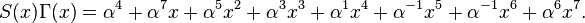 S(x)\Gamma(x)=\alpha^{4}+\alpha^{7}x+\alpha^{5}x^2+\alpha^{3}x^3+\alpha^{1}x^4+\alpha^{-1}x^5+\alpha^{-1}x^6+\alpha^{6}x^7.