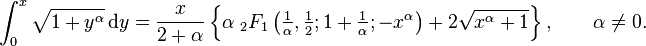 \int_0^x\sqrt{1+y^\alpha}\,\mathrm{d}y=\frac{x}{2+\alpha}\left \{\alpha\;{}_2F_1\left(\tfrac{1}{\alpha},\tfrac{1}{2};1+\tfrac{1}{\alpha};-x^\alpha \right) +2\sqrt{x^\alpha+1} \right \},\qquad \alpha\neq0.