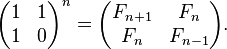 \begin{pmatrix} 1 & 1 \\ 1 & 0 \end{pmatrix}^n = \begin{pmatrix} F_{n+1} & F_n \\ F_n & F_{n-1} \end{pmatrix}.