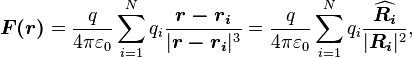 \boldsymbol{F(r)}={q\over4\pi\varepsilon_0}\sum_{i=1}^Nq_i{\boldsymbol{r-r_i}\over|\boldsymbol{r-r_i}|^3}={q\over4\pi\varepsilon_0}\sum_{i=1}^Nq_i{\boldsymbol{\widehat{R_i}}\over|\boldsymbol{R_i}|^2},