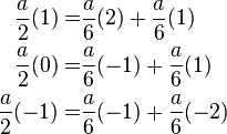 
\begin{align}
\frac{a}{2} (1) =& \frac{a}{6}(2)+\frac{a}{6}(1)\\
\frac{a}{2} (0) =& \frac{a}{6}(-1)+\frac{a}{6}(1)\\
\frac{a}{2} (-1) =& \frac{a}{6}(-1)+\frac{a}{6}(-2)

\end{align}