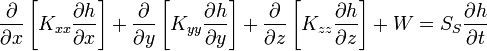 \frac{\partial}{\partial x} \left[ K_{xx} \frac{\partial h}{\partial x} \right] + \frac{\partial}{\partial y} \left[ K_{yy} \frac{\partial h}{\partial y} \right] + \frac{\partial}{\partial z} \left[ K_{zz} \frac{\partial h}{\partial z} \right] + W = S_{S} \frac{\partial h}{\partial t}