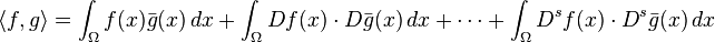 \langle f,g\rangle = \int_\Omega f(x)\bar{g}(x)\,dx + \int_\Omega D f(x)\cdot D\bar{g}(x)\,dx + \cdots + \int_\Omega D^s f(x)\cdot D^s \bar{g}(x)\, dx