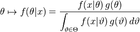 \theta \mapsto f(\theta | x) = \frac{f(x | \theta) \, g(\theta)}{\displaystyle\int_{\vartheta \in \Theta} f(x | \vartheta) \, g(\vartheta) \, d\vartheta} \!