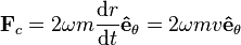  \mathbf{F}_c = 2\omega m \frac{{\rm d}r}{{\rm d}t} \bold{\hat{e}}_\theta = 2\omega m v \bold{\hat{e}}_\theta \,\!