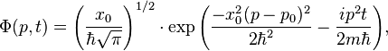 \Phi(p,t) = \left(\frac{x_0}{\hbar \sqrt{\pi}} \right)^{1/2} \cdot \exp{\left(\frac{-x_0^2 (p-p_0)^2}{2\hbar^2}-\frac{ip^2 t}{2m\hbar}\right)},