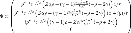 \Psi\propto\begin{pmatrix}
\rho^{\gamma-1} e^{-\rho/2}\left(Z\alpha\rho+(\gamma-1)\frac{\gamma\mu c^2-E}{\hbar cC}(-\rho+2\gamma)\right)z/r\\
\rho^{\gamma-1} e^{-\rho/2}\left(Z\alpha\rho+(\gamma-1)\frac{\gamma\mu c^2-E}{\hbar cC}(-\rho+2\gamma)\right)(x+iy)/r\\
i\rho^{\gamma-1}e^{-\rho/2}\left((\gamma-1)\rho+Z\alpha\frac{\gamma\mu c^2-E}{\hbar cC}(-\rho+2\gamma)\right)\\
0
\end{pmatrix}