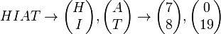 HIAT \to \begin{pmatrix} H \\ I \end{pmatrix}, \begin{pmatrix} A \\ T \end{pmatrix} \to \begin{pmatrix} 7 \\ 8 \end{pmatrix}, \begin{pmatrix} 0 \\ 19 \end{pmatrix}