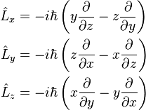 \begin{align}
\hat{L}_x & = -i\hbar \left(y {\partial\over \partial z} - z {\partial\over \partial y}\right)\\
\hat{L}_y & = -i\hbar \left(z {\partial\over \partial x} - x {\partial\over \partial z}\right)\\
\hat{L}_z & = -i\hbar \left(x {\partial\over \partial y} - y {\partial\over \partial x}\right)
\end{align}