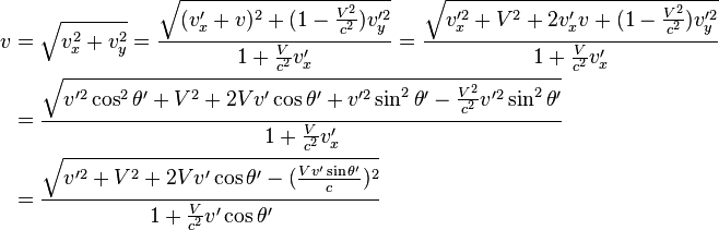 \begin{align}v &= \sqrt{v_x^2 + v_y^2} = \frac{\sqrt{(v_x'+v)^2 + (1-\frac{V^2}{c^2})v_y'^2}}{1 + \frac{V}{c^2}v_x'}
= \frac{\sqrt{v_x'^2+V^2+2v_x'v + (1-\frac{V^2}{c^2})v_y'^2}}{1 + \frac{V}{c^2}v_x'}\\
&=\frac{\sqrt{v'^2 \cos^2 \theta'+V^2+2Vv'\cos \theta' + v'^2\sin^2\theta' - \frac{V^2}{c^2}v'^2\sin^2\theta'}}{1 + \frac{V}{c^2}v_x'}\\
&=\frac{\sqrt{v'^2 +V^2+2Vv'\cos \theta' - (\frac{Vv'\sin\theta'}{c})^2}}{1 + \frac{V}{c^2}v'\cos \theta'}\end{align}