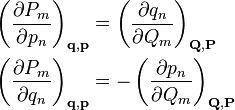 \begin{align}
\left( \frac{\partial P_{m}}{\partial p_{n}}\right)_{\mathbf{q}, \mathbf{p}} &= \left( \frac{\partial q_{n}}{\partial Q_{m}}\right)_{\mathbf{Q}, \mathbf{P}} \\
\left( \frac{\partial P_{m}}{\partial q_{n}}\right)_{\mathbf{q}, \mathbf{p}} &= -\left( \frac{\partial p_{n}}{\partial Q_{m}}\right)_{\mathbf{Q}, \mathbf{P}}
\end{align}