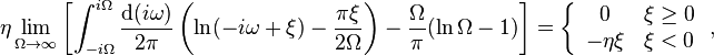 \eta \lim_{\Omega\rightarrow\infty}\left[
\int_{-i\Omega}^{i\Omega}\frac{\mathrm{d}(i\omega)}{2\pi } \left(\ln(-i\omega+\xi)-\frac{\pi\xi}{2\Omega}\right)-\frac{\Omega}{\pi}(\ln\Omega-1)\right]
=\left\{ 
\begin{array}{cc}
 0 & \xi\geq0 \\
 -\eta\xi & \xi<0
\end{array}
\right.,
