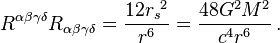 R^{\alpha\beta\gamma\delta} R_{\alpha\beta\gamma\delta} = \frac{12 {r_s}^2}{r^6} = \frac{48 G^2 M^2}{c^4 r^6} \,.