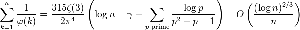 \sum_{k=1}^n\frac{1}{\varphi(k)} = \frac{315\zeta(3)}{2\pi^4}\left(\log n+\gamma-\sum_{p\text{ prime}}\frac{\log p}{p^2-p+1}\right)+O\left(\frac{(\log n)^{2/3}}n\right)