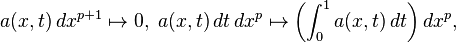 a(x,t) \, d x^{p+1} \mapsto 0, \; a(x,t) \, dt \, dx^p  \mapsto \left(\int_0 ^1 a(x,t) \, dt\right) dx^p,