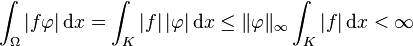 \int_\Omega | f \varphi|\, \mathrm{d}x = \int_K |f|\,|\varphi|\, \mathrm{d}x \le\|\varphi\|_\infty\int_K | f |\, \mathrm{d}x<\infty