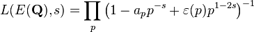 L(E(\mathbf{Q}), s) = \prod_p \left(1 - a_p p^{-s} + \varepsilon(p)p^{1 - 2s}\right)^{-1}