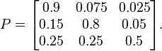 P = \begin{bmatrix}
0.9 & 0.075 & 0.025 \\
0.15 & 0.8 & 0.05 \\
0.25 & 0.25 & 0.5
\end{bmatrix}.