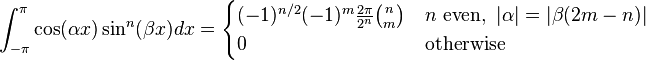 \int_{-\pi}^{\pi} \cos(\alpha x) \sin^n(\beta x) dx = \begin{cases}
(-1)^{n/2} (-1)^m \frac{2 \pi}{2^n} \binom{n}{m} & n \text{ even},\ |\alpha| = |\beta (2m-n)| \\
0 & \text{otherwise}
\end{cases} 