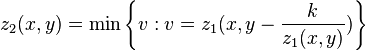 z_2(x, y) = \min \left \{v : v = z_1(x, y - \frac{k}{z_1(x, y)})\right \} 