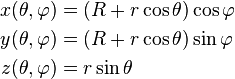 \begin{align}
  x(\theta, \varphi) &= (R + r \cos \theta) \cos{\varphi} \\
  y(\theta, \varphi) &= (R + r \cos \theta) \sin{\varphi} \\
  z(\theta, \varphi) &= r \sin \theta
\end{align}