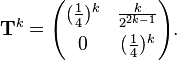 \begin{align}
\mathbf{T}^k = \begin{pmatrix}
(\frac{1}{4})^k & \frac{k}{2^{2k - 1}} \\[4pt]
0 & (\frac{1}{4})^k
\end{pmatrix}.
\end{align}