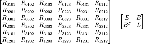 \left[ \begin{matrix}R_{0101} & R_{0102} & R_{0103} & R_{0123} & R_{0131} & R_{0112} \\ R_{0201} & R_{0202} & R_{0203} & R_{0223} & R_{0231} & R_{0212} \\ R_{0301} & R_{0302} & R_{0303} & R_{0323} & R_{0331} & R_{0312} \\ R_{2301} & R_{2302} & R_{2303} & R_{2323} & R_{2331} & R_{2312} \\ R_{3101} & R_{3102} & R_{3103} & R_{3123} & R_{3131} & R_{3112} \\ R_{1201} & R_{1202} & R_{1203} & R_{1223} & R_{1231} & R_{1212} \end{matrix} \right] = \left[ \begin{matrix} E & B \\ B^T & L \end{matrix} \right]