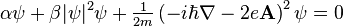 \displaystyle  \alpha \psi + \beta |\psi|^2 \psi + \tfrac{1}{2m} \left(-i\hbar\nabla - 2e\mathbf{A} \right)^2 \psi = 0 