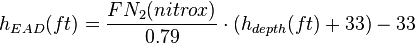 h_{EAD}(ft) = \frac{FN_2(nitrox)}{0.79} \cdot (h_{depth}(ft) + 33) - 33