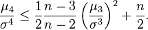  \frac{\mu_4}{\sigma^4} \le \frac 12 \frac {n-3}{n-2}  \left(\frac{\mu_3}{\sigma^3}\right)^2 + \frac {n}2.