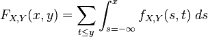 
\begin{align}
F_{X,Y}(x,y)&=\sum\limits_{t\le y}\int_{s=-\infty}^x f_{X,Y}(s,t)\;ds
\end{align}
