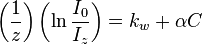 \left(\frac{1}{z}\right)\left(\ln \frac{I_{0}}{I_{z}}\right) = k_{w} + \alpha C