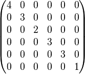 \begin{pmatrix}
4 & 0 & 0 & 0 & 0 & 0\\
0 & 3 & 0 & 0 & 0 & 0\\
0 & 0 & 2 & 0 & 0 & 0\\
0 & 0 & 0 & 3 & 0 & 0\\
0 & 0 & 0 & 0 & 3 & 0\\
0 & 0 & 0 & 0 & 0 & 1\\
\end{pmatrix}