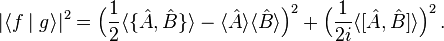 
|\langle f\mid g\rangle|^2=\Big(\frac{1}{2}\langle\{\hat{A},\hat{B}\}\rangle - \langle \hat{A} \rangle\langle \hat{B}\rangle\Big)^2 + \Big(\frac{1}{2i} \langle[\hat{A},\hat{B}]\rangle\Big)^{2}\, .
