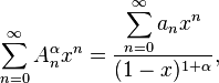 \sum_{n=0}^\infty A_n^\alpha x^n=\frac{\displaystyle{\sum_{n=0}^\infty a_nx^n}}{(1-x)^{1+\alpha}},