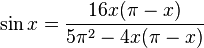 \sin x = \frac{16x (\pi - x)}{5\pi^2 - 4x (\pi - x)}