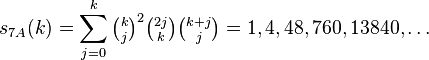 s_{7A}(k)=\sum_{j=0}^k \tbinom{k}{j}^2\tbinom{2j}{k}\tbinom{k+j}{j} =1, 4, 48, 760, 13840,\dots