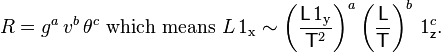 R=g^a\,v^b\,\theta^c\text{ which means }L\,1_\text{x}\sim
\left(\frac{\mathsf{L}\,1_\text{y}}{\mathsf{T}^2}\right)^a\left(\frac{\mathsf{L}}{\mathsf{T}}\right)^b\,1_\mathsf{z}^c.\,