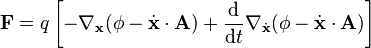 \mathbf{F} = q\left[-\nabla_{\mathbf{x}}(\phi-\dot{\mathbf{x}}\cdot\mathbf{A})+ \frac{\mathrm{d}}{\mathrm{d}t}\nabla_{\dot{\mathbf{x}}}(\phi-\dot{\mathbf{x}}\cdot\mathbf{A})\right]