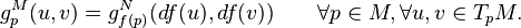 g^M_p(u,v) = g^N_{f(p)}(df(u), df(v))\qquad \forall p\in M, \forall u,v\in T_pM.