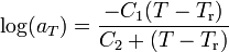  \log(a_T) = \frac{-C_1(T-T_\mathrm{r})}{C_2 + (T-T_\mathrm{r})} 