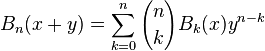 B_n(x+y)=\sum_{k=0}^n {n \choose k} B_k(x) y^{n-k}