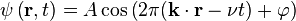 \psi \left({\mathbf r}, t \right) = A \cos \left(2\pi({\mathbf k} \cdot {\mathbf r} - \nu t) + \varphi \right)