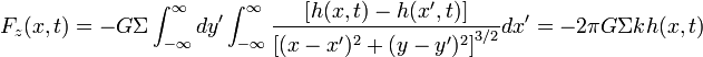 
F_z(x,t) = -G\Sigma\int_{-\infty}^\infty dy' \int_{-\infty}^{\infty}
{\left[ h(x,t) - h(x',t)\right]\over \left[(x-x')^2+(y-y')^2\right]^{3/2}}dx'
= -2\pi G\Sigma k h(x,t)
