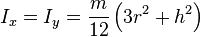 I_x = I_y = \frac{m}{12} \left(3r^2+h^2\right)