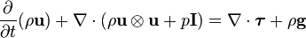 
\frac {\partial}{\partial t} (\rho \mathbf{u}) + \nabla \cdot (\rho \mathbf{u} \otimes \mathbf{u} + p \mathbf{I})  =  \nabla \cdot \boldsymbol \tau + \rho \mathbf{g}
