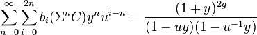  \sum_{n = 0}^{\infty} \sum_{i = 0}^{2n} b_i( \Sigma^n C ) y^n u^{i-n} = \frac{ (1 + y)^{2g} }{ (1 - u y) (1 - u^{-1} y) }